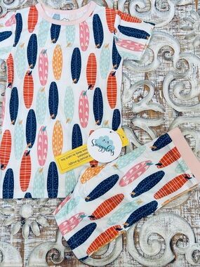 Kids White Surfboard Print Bamboo Set - Pink & Navy Accents